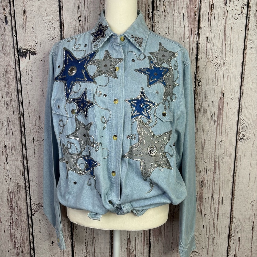 Vintage 80s-90s Chic Denim Button Down Shirt Puff‎ Paint Medium Western *READ!!*